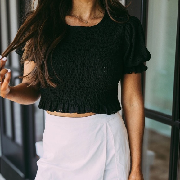 Eyelet Sleeve Smocked Top-Black - Picture 2 of 5